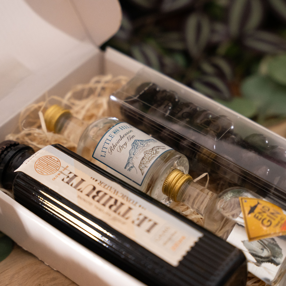 Gin Geschenkset | Gin Geschenk mit Feinkost | Schokolade, Tonic Water & 2 Gins