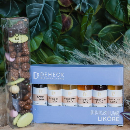 Deheck Schokolade und ein Mini Likör Tasting Set mit Haselnuss, Butterscotch, Pfirsich, Kaffee und Erdbeer Chili Likör