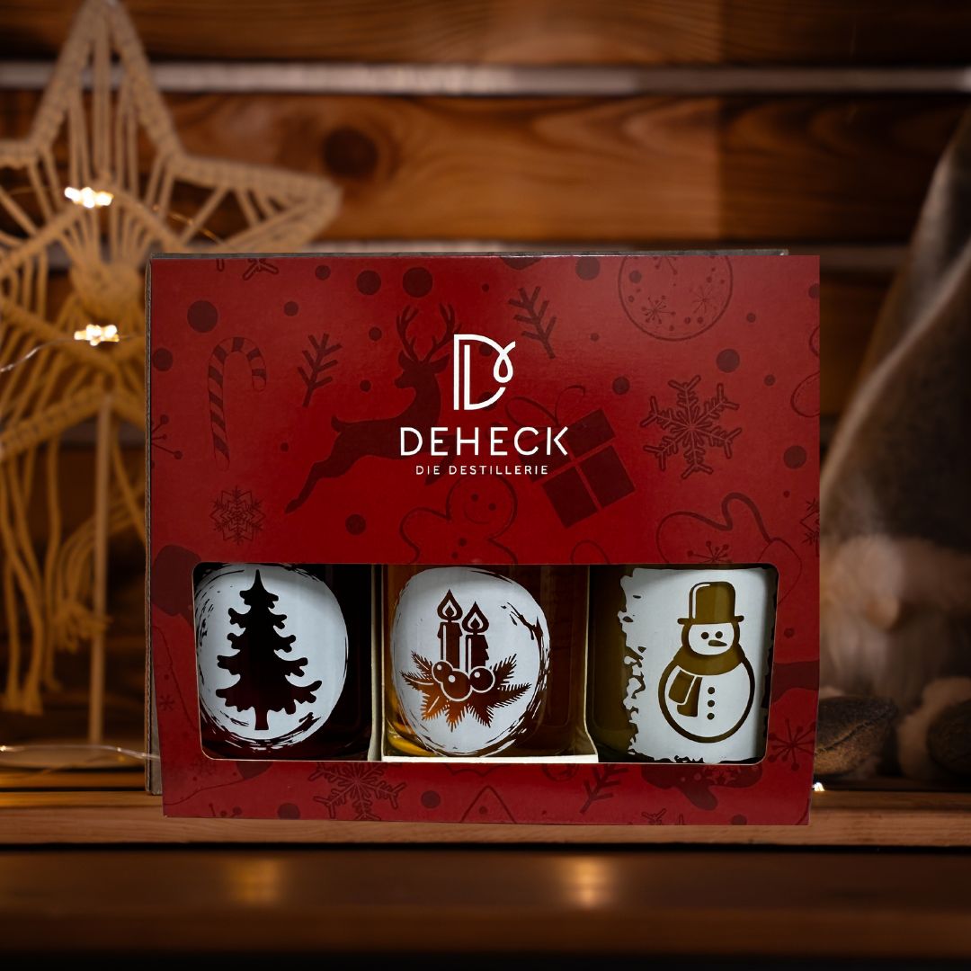 🎅 rotes Geschenk Set Liköre für Weihnachten in Designflaschen – Destillerie & Likörmanufaktur Deheck