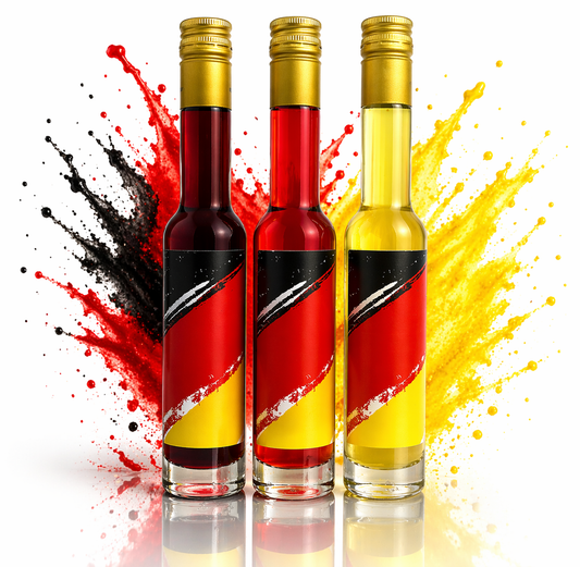 Deutschland Schnaps Trio zur Fußball WM 2026 | Likör Set Schwarz Rot Gold (Kräuter, Erdbeere, Limoncello)| 3x 0,1 L mit 20%