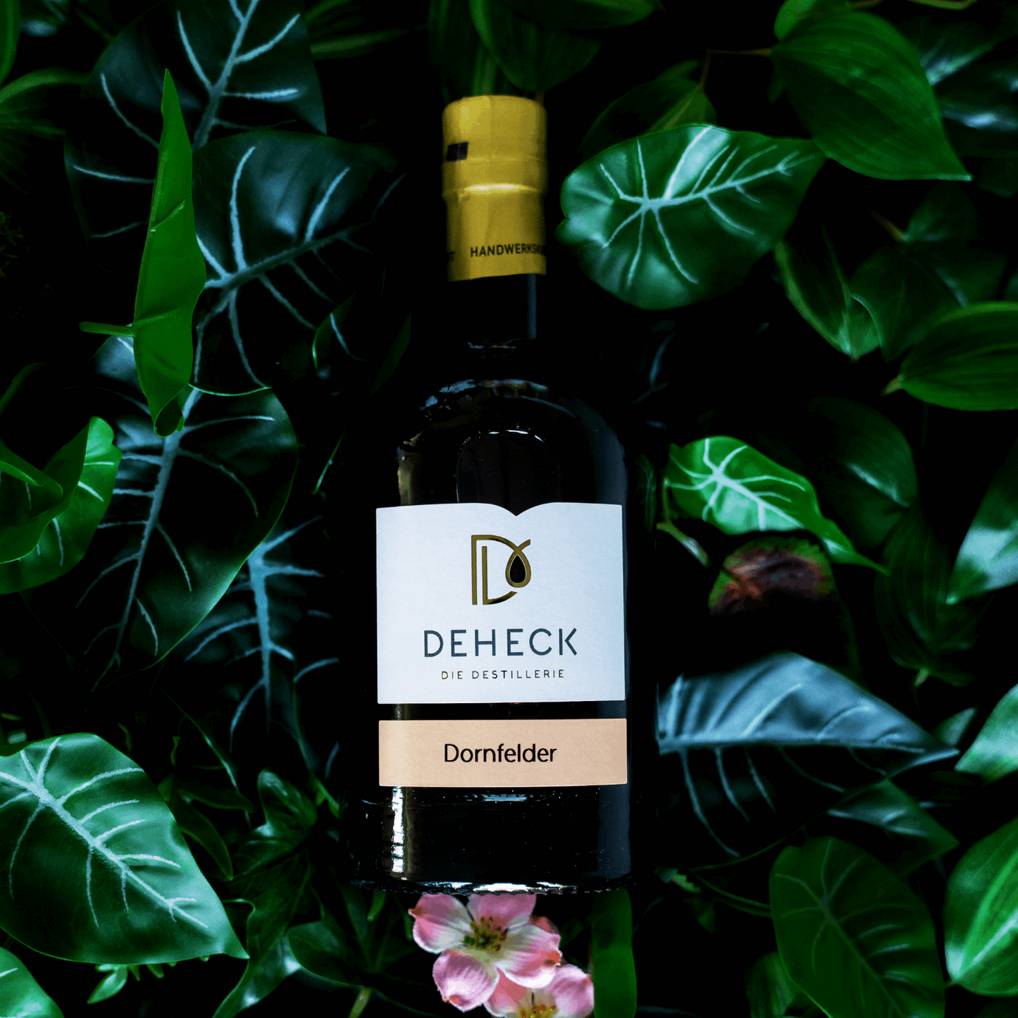 Der Deheck Dornfelder Liikör (kein Wein) liegt zwischen grünen Blättern