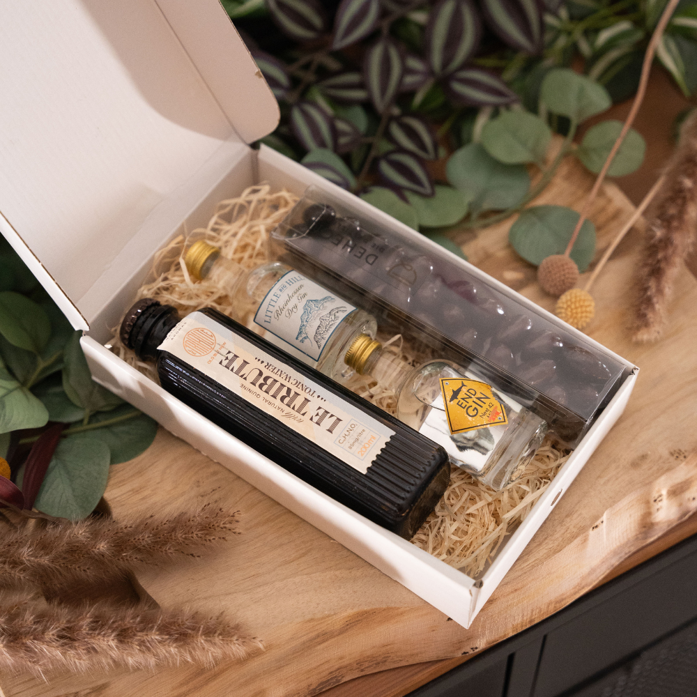 Gin Geschenkset | Gin Geschenk mit Feinkost | Schokolade, Tonic Water & 2 Gins