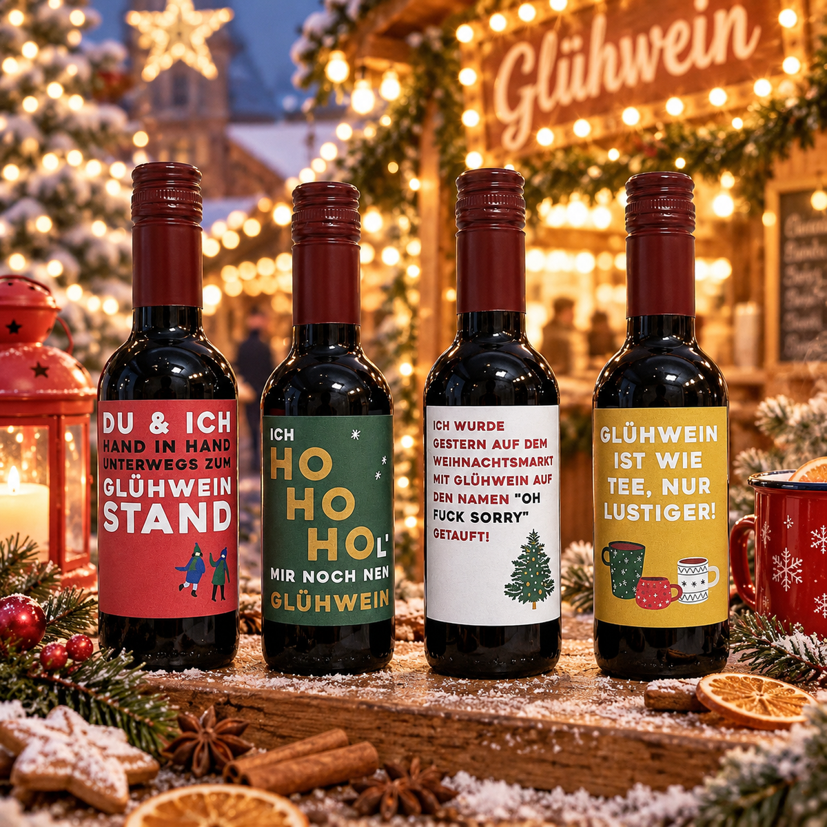 Glühwein mit 4 Sprüchen | kleine Flasche Glühwein mit Motiv | 12%